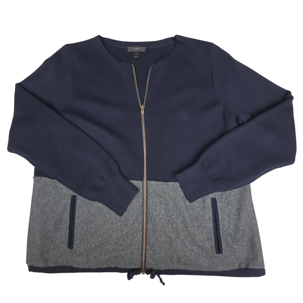 J Crew Merino Wool Colorblock Full Zip Cardigan Womens M Navy Gray Mixed Media